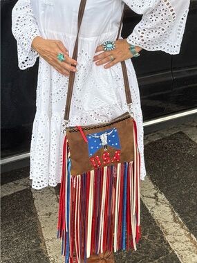 Brown Fringe Crossbody Bag with USA Patch - Boho Western Style